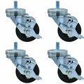 Bk Resources 3-inch Threaded Stem Casters, Hard Rubber Wheels, Brake, 300lb Cap, Grease/Water Resistant, 4PK 3SBR-4ST-HR-PS4